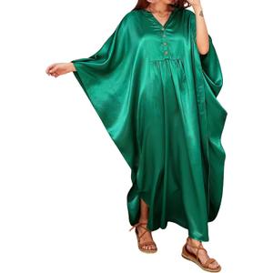 Bsubseach Women's Plus Size Kaftan Dresses Sparkly Glitter V Neck Swimsuit Coverup Beach Maxi Silky Caftans Loungewear (Green)