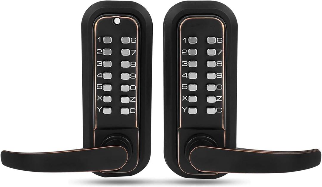 New Upgrade Double Sided Keypad Door Lock with Adjustable Deadlatch 2-3/8'' and 2-3/4'', Keyless Door Lock with Handle, Gate Lock for Outdoor Fences (Black Gold)