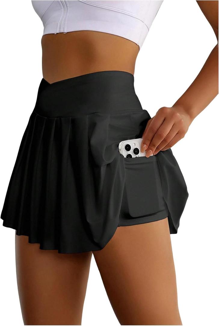 SHENHE Women's Pleated Tennis Skirt High Waisted Athletic Golf Skort Mini Skirt with Pockets (X-Large, Black)