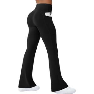 COPYLEAF Womens Yoga Pants with Pockets High Waisted Flare Leggings Bell Bottom Yoga Dress Pants Seamless Bootcut Pants (Large, Black)