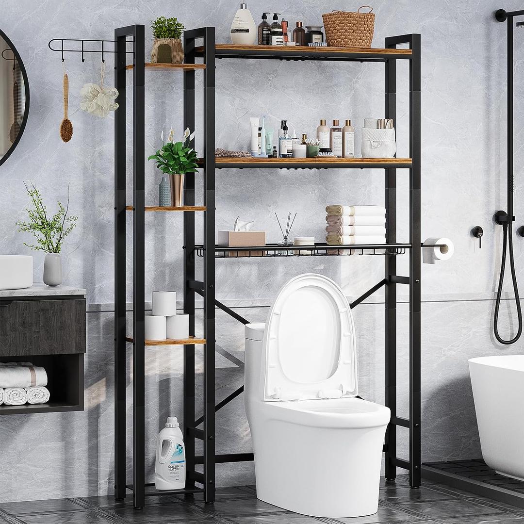 Over The Toilet Storage with Side Shelf, 7 Tier Bathroom Organizer Rack with Paper Holder, Hooks and Basket, Freestanding Above Toilet Shelf for Laundry, Quick Interlock Install (Vintage Brown)
