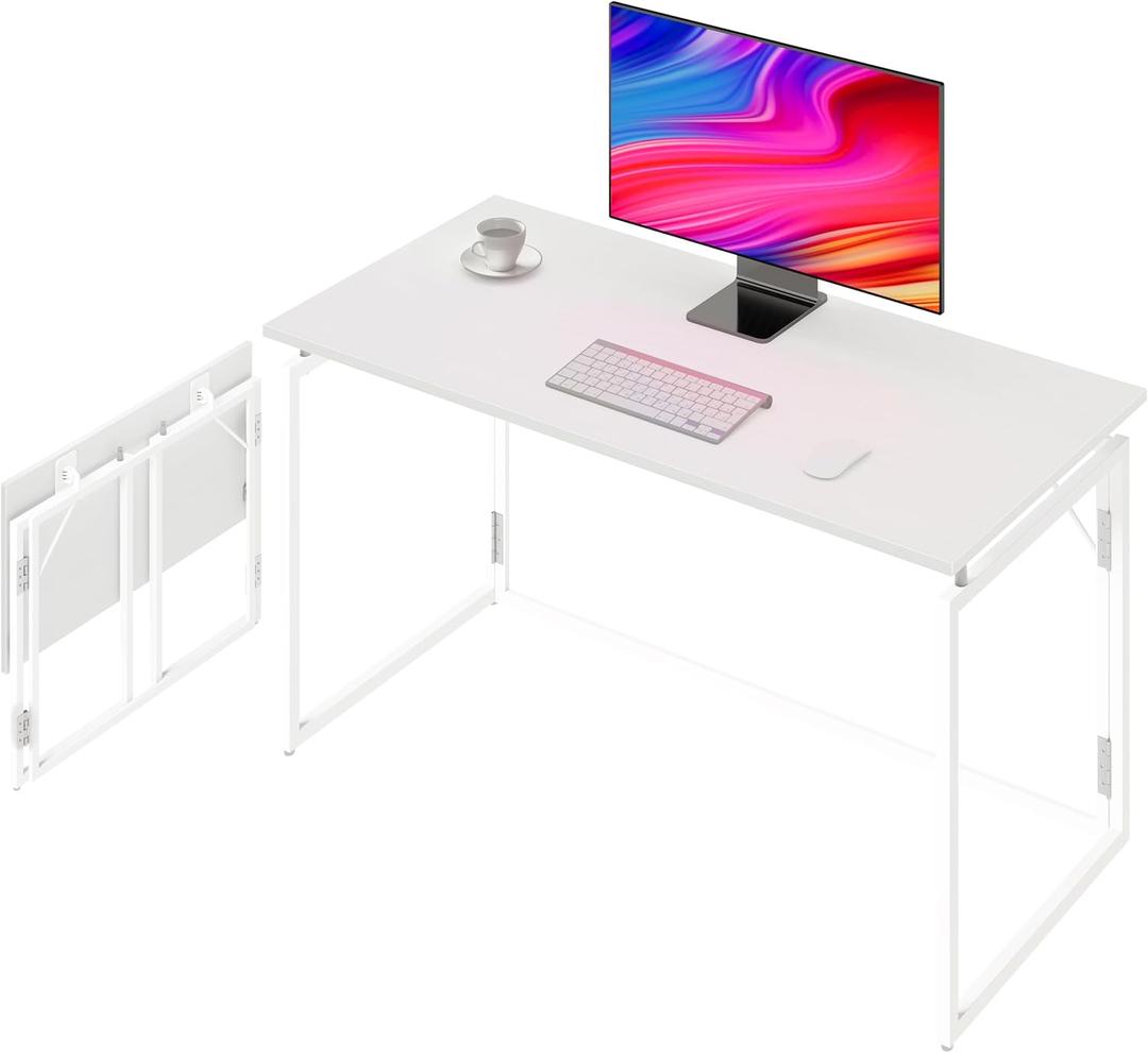 Folding Desk - 31.5" Wood Top Foldable Desk for Small Spaces | No Assembly Required Compact Table for Home Office, Writing, and Study (White)