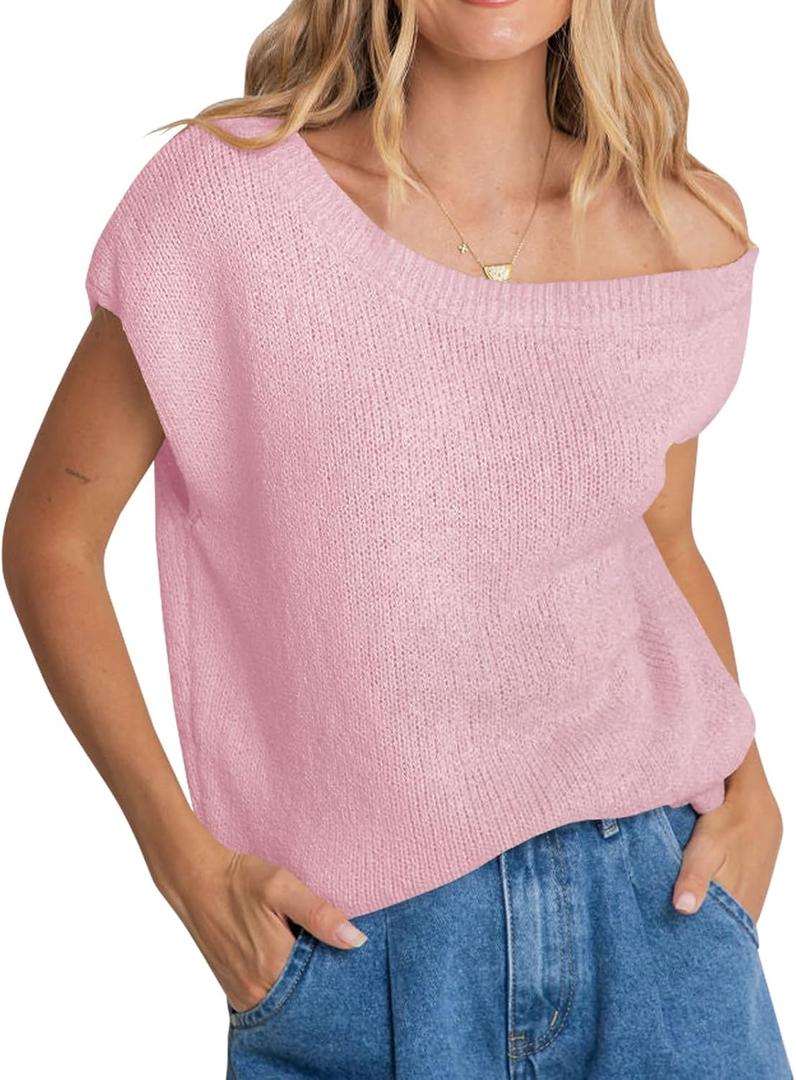 Balimtoy Women Off One Shoulder Crochet Sweater Top Asymmetrical Short Sleeve Loose Going Out Tops Casual Knit Tshirt (Large, Pink)