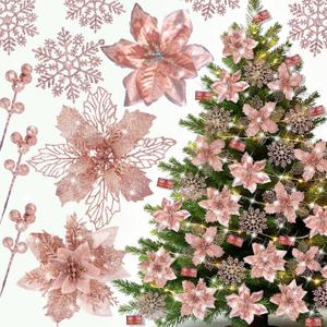 59PCS 6 Style Poinsettia Flowers Artificial Christmas Tree Decorations Rose Gold Christmas Ornaments with Berry Stems Snowflakes Cards for Wreath Fireplace Stairs Xmas Tree Decor