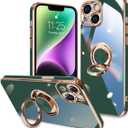 for iPhone 14 Case 360 Rotatable Ring Holder Magnetic Kickstand,Support Magnetic Car Mount,Gold Plated Phone caseSoft Lightweight Protective case for iPhone 14,Dark Green