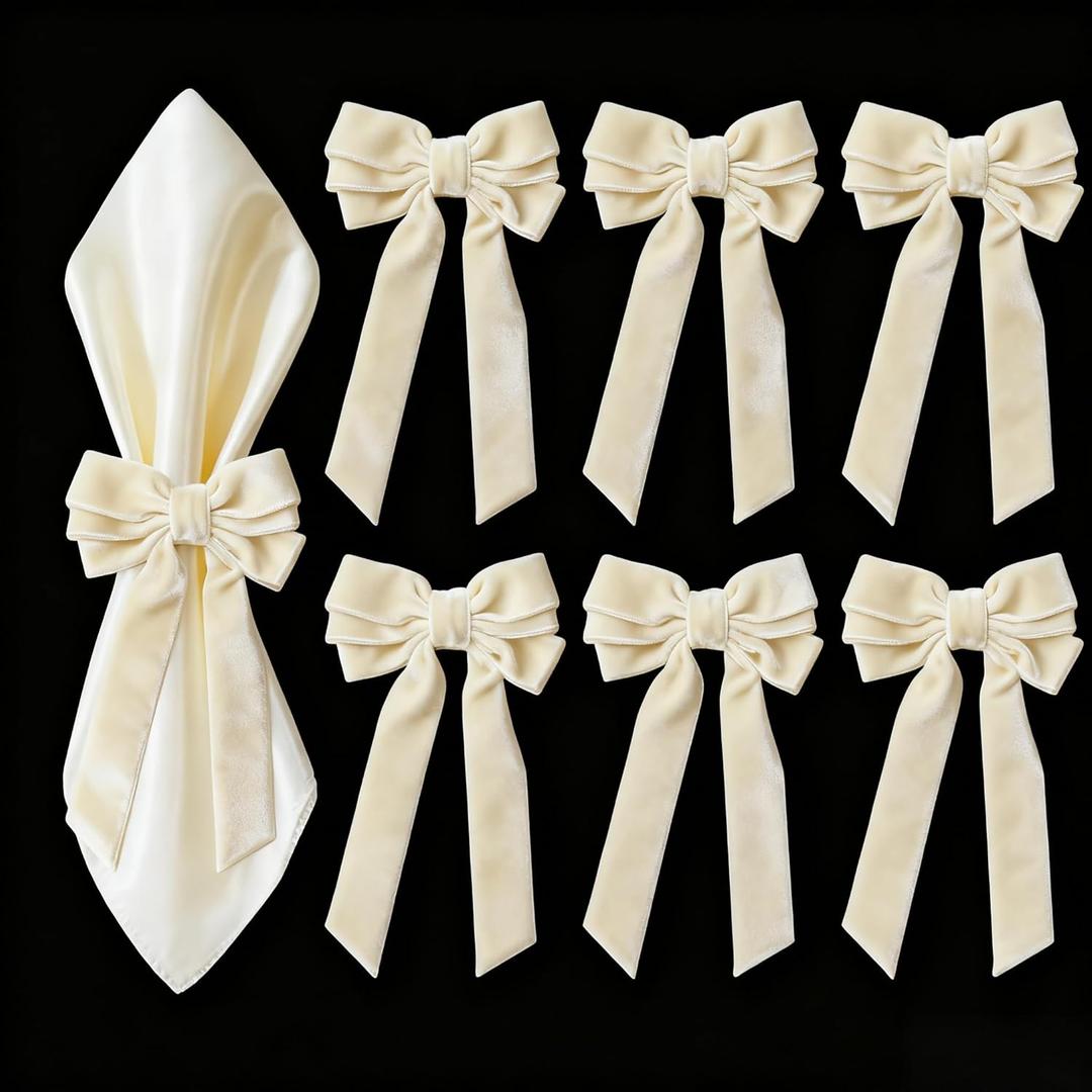 Ivory Velvet Bow Napkin Rings Set of 6 Luxury Soft Velvet Napkin Holders, Elegant Bow Design for Christmas Holiday Dinner Wedding Party Table Decor