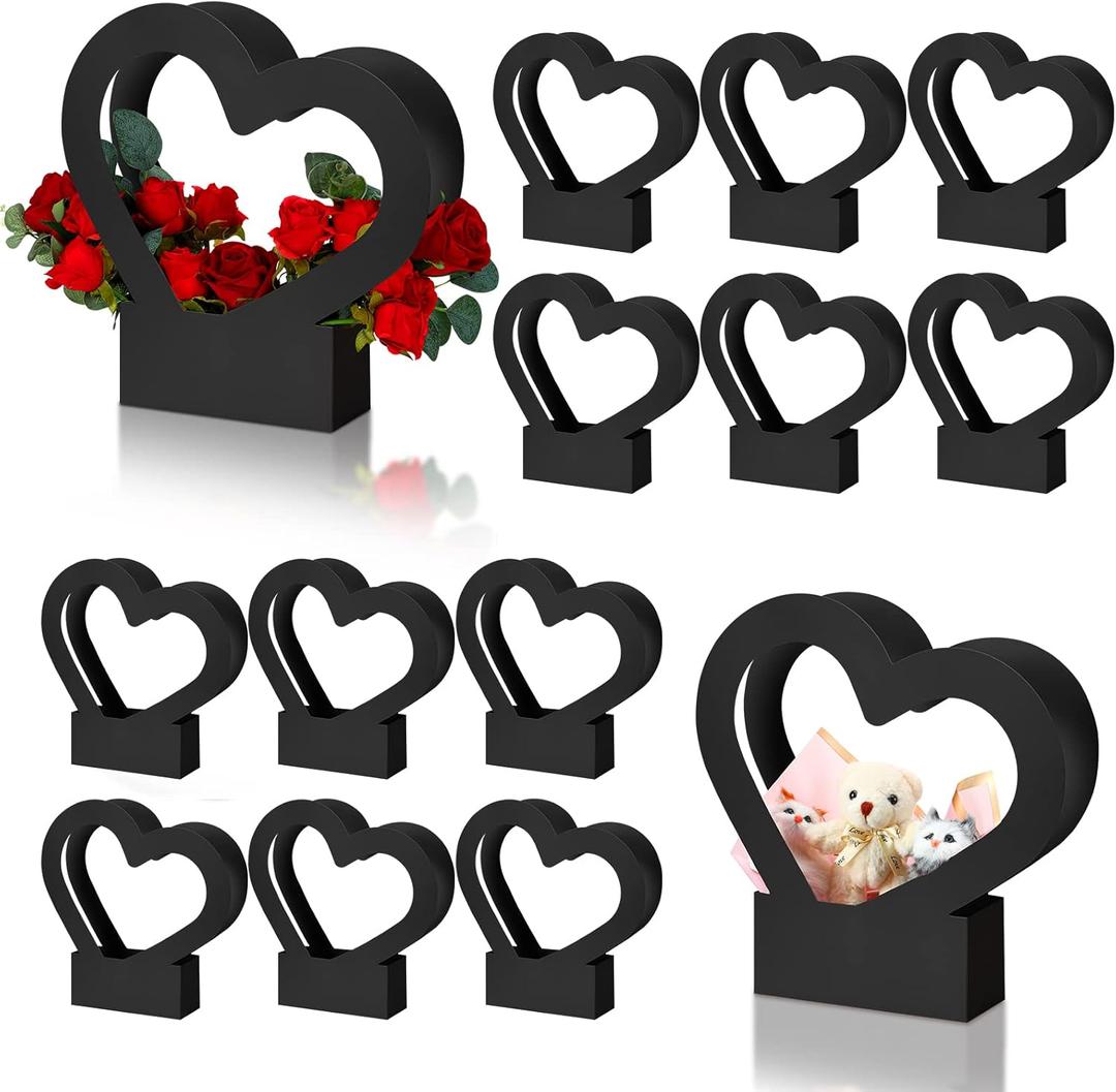 Sinmoe 12 Pcs Valentines Heart Shaped Boxes for Flowers Valentines Flower Gift Bag Wedding Empty Bouquet Gift Bags with Handle Folding Basket for Bridal Baby Shower Party Supply(Black)