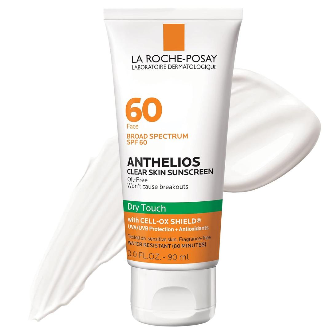 La Roche-Posay Anthelios Clear Skin Sunscreen Dry Touch SPF 60, Oil Free Sunscreen For Face, Oil Absorbing, Broad Spectrum SPF + Antioxidants, Non-Greasy, Oxybenzone Free, Travel Size, 3 Fl Oz, Pack of 1