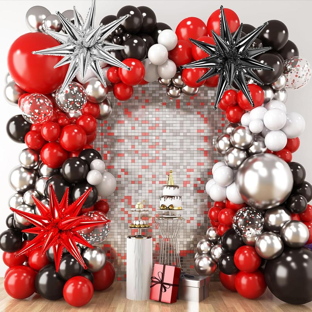 RUBFAC Red and Black Balloon Garland Arch Kit, 2026 Graduation Party Decorations Balloons, 140pcs Red Black and Metallic Silver Confetti Star Latex Balloons for Birthday Wedding Party Decorations