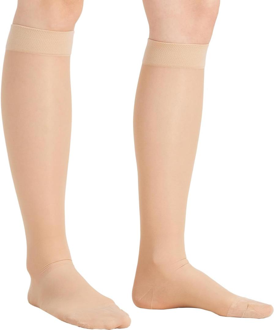 Sheer Compression Stockings for Women - Knee High 15-20 mmHg Support Hose Compression Socks for Improving Circulation, Leg Fatigue and Swelling, Nude, Medium