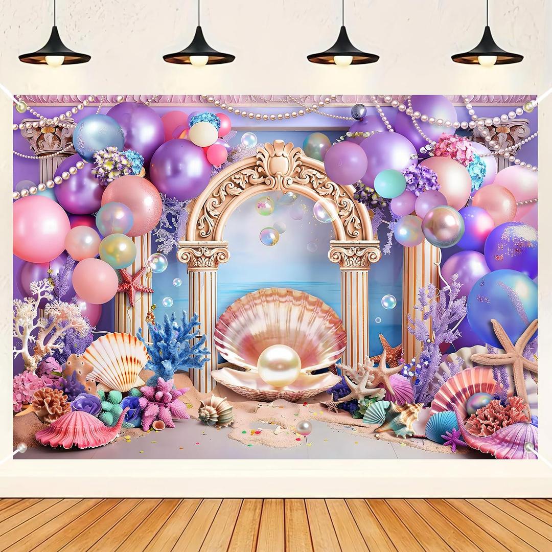 HANYING Under The Sea Backdrop,7x5ft Starfish Pearl Shells Ocean Princess Birthday Party Decoration Banner,Pink Purple Balloon Girls Baby Shower Photography Background,Portrait Studio Props,HY0111YL