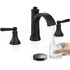 Matte Black Bathroom Faucet 3 Hole, Brass Bathroom Waterfall Faucet, 4-16 Inch Bathroom Sink Faucets, 2 Handle Widespread Faucet for Bathroom Sink with Water Supply Hoses, Pop-Up Drain