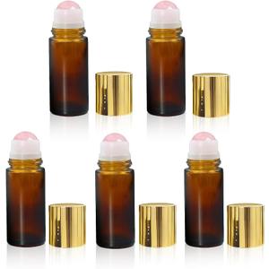 5 Pack Rose Quartz Roller Bottles for Essential Oils, 50ml Refillable Amber Glass Roll On Bottles with Natural Crystal Roller Balls, Leak-Proof Travel Perfume Bottle with Gold Caps
