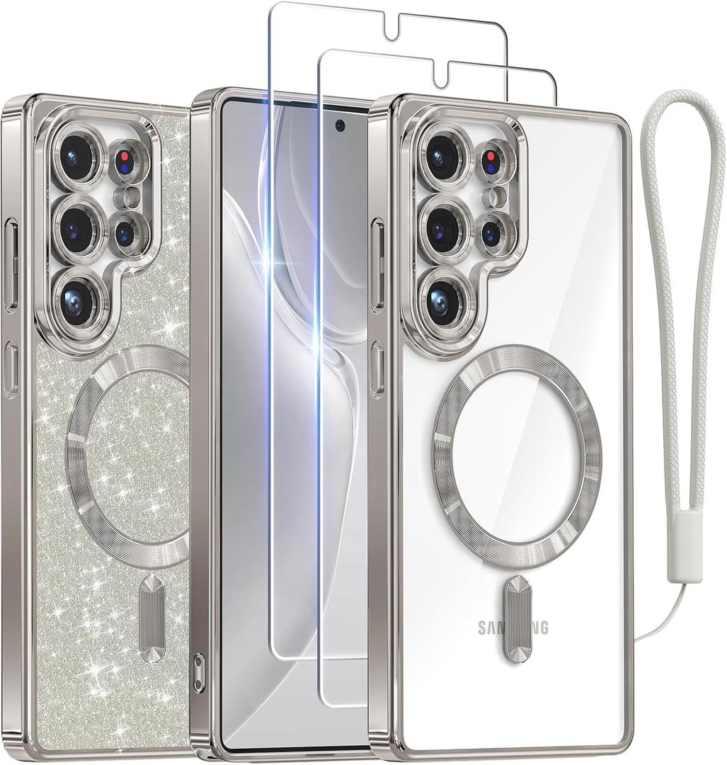 Meifigno Case Designed for Samsung Galaxy S25 Ultra 6.9 inch, [Compatible with MagSafe] [2X HD Screen Protectors] [Glitter Card & Wrist Strap] Full Lens Protection Case for Galaxy S25 Ultra, Silver