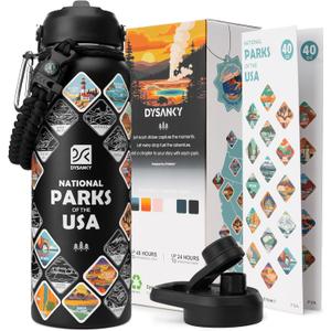 DYSANKY National Parks Water Bottle  40 oz Insulated Stainless Steel Water Jug with 63 Hand-Drawn Park Stickers, Outdoor Accessories & Gift Box  BPA-Free  Ideal for Hiking, Camping & Travel (Advanced Black)