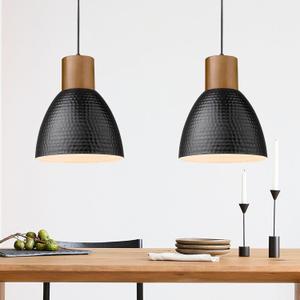 ELYONA 2 Pack Hammered Pendant Lights, 10.2 Industrial Metal Solid Wood Hanging Lamp, Modern Island Pendant Light Fixtures for Kitchen Bar, Farmhouse Dining Room, Bedroom, Living Room, Office, Black (Medium)