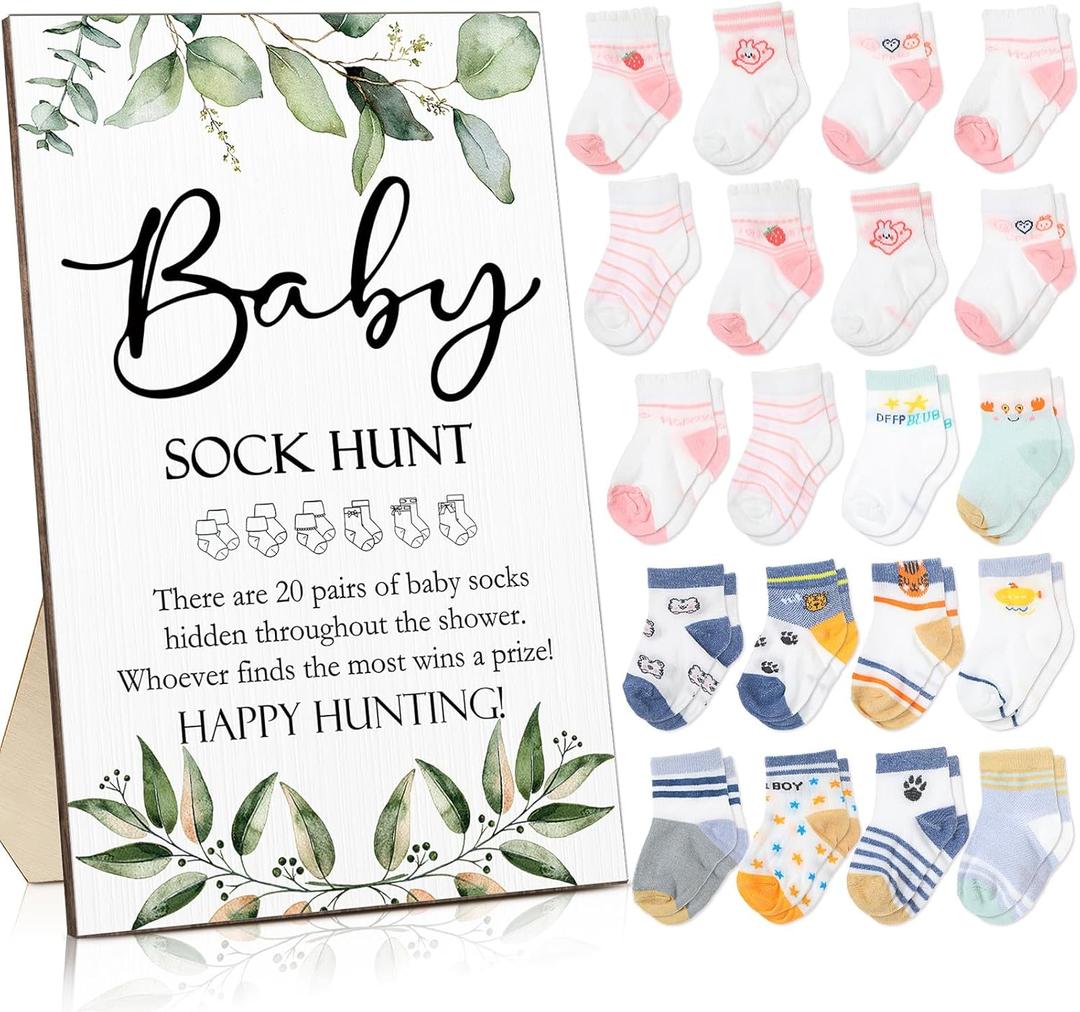 Hoteam 21 Pcs Baby Shower Games Include Baby Sock Hunt Sign and 20 Pair Small Cotton Socks Wooden Table Sign with Holder for Boy and Girl Gender Reveal Party Favors(Greenery, Cute Style)