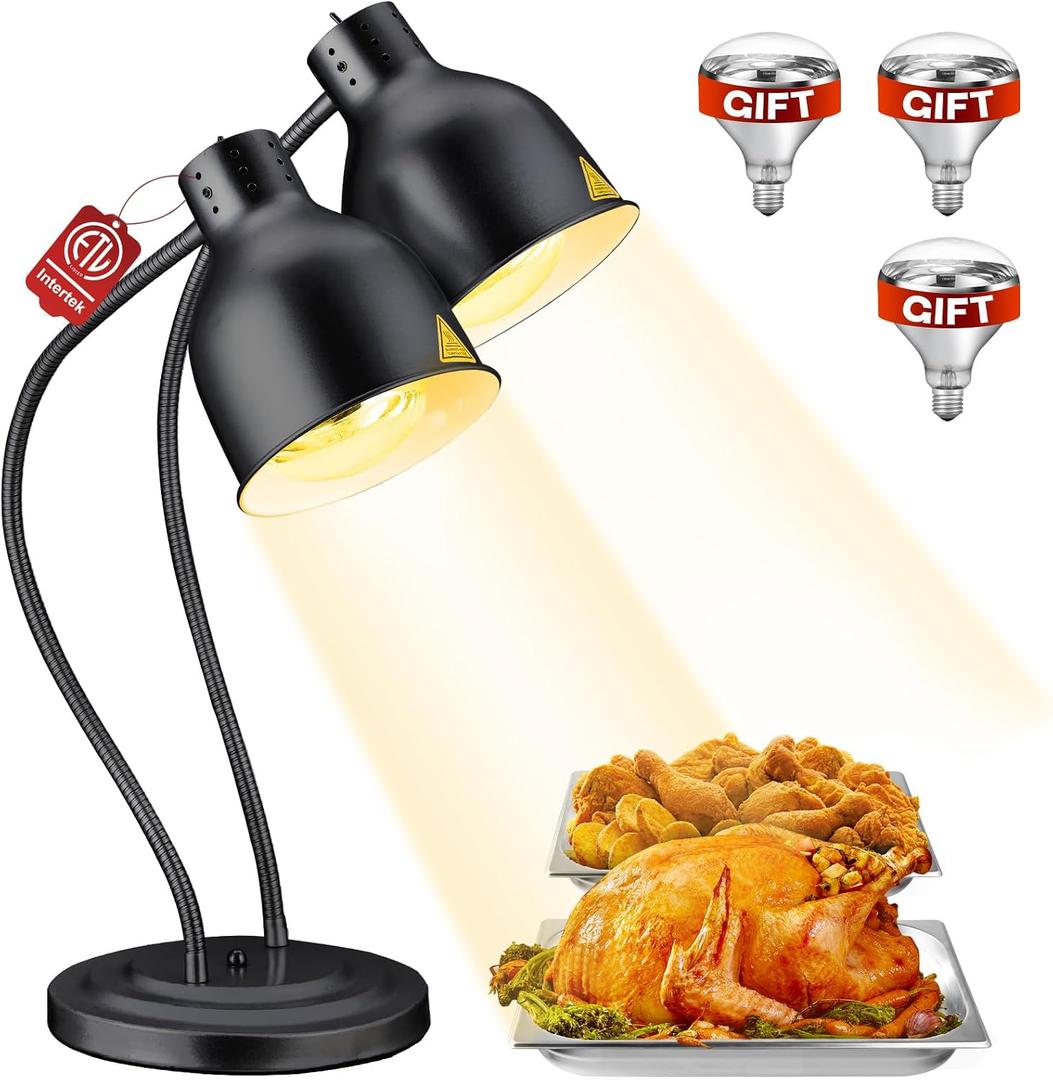 Food Heat Lamp: [Rapid-Heating Bulbs Included] [Steady Heating] Commercial Food Warmer Lamp, Electric Heat Lamp for Food Catering Food Warming Lamp for Buffet Parties (Painted Black, 32" (2-Head))