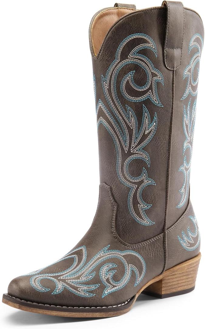 DREAM PAIRS Women's Cowboy Boots Mid Calf Cowgirl Boots Square Toe Chunky Heel Embroidery Stitched Western Boots, Size 7.5,Brown