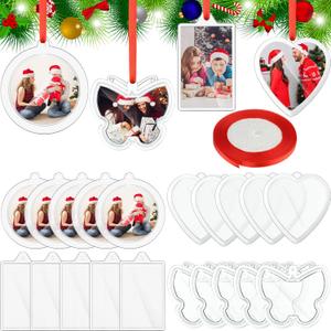 48 Pcs DIY Christmas Picture Frame Ornaments with Red Ribbon, Acrylic Xmas Tree Photo Frame Bulk, Hanging Photo Christmas Ornaments, Plastic Ornament Tree Decor (Round,Square,Heart,Butterfly)