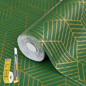 Shelf Liners for Kitchen Cabinets 12in x 30FT, Non Adhesive Cabinet Liner Strong Non-Slip Thickened Gold Green Geometric Drawer Liner, Easy to Clean for Shelf, Cabinet with Knife and Tape Measure