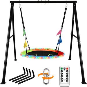 HeyZoo Swing Sets for Backyard, 40 Inch Flying Saucer Swing with 440lbs Capacity Heavy Duty A-Frame Metal Swing Stand, Play with 8 Modes 4 Colors LED Lights for Kids Adults Playground Outdoor