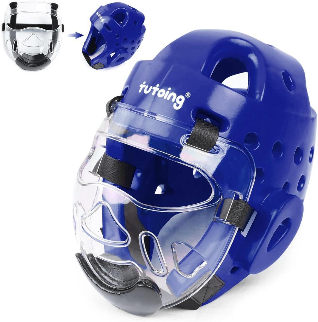 Kids Adults Karate Headgear MMA Martial Arts Helmet, Removable Face Shield, Soft Head Gear for Sparring Grappling Muay Thai Kickboxing Taekwondo Training (Small, Blue)