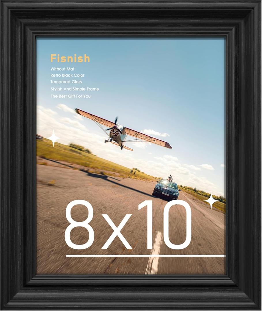 8x10 Picture Frame, Table Top or Wall Mount for 8x10 Picture & Real Glass, Vintage Frames, Black Woodgrain, 1 Pack