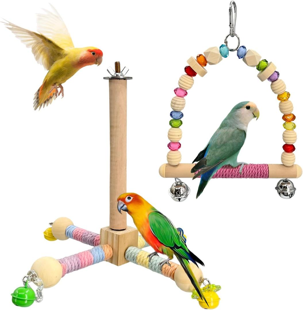 2 Pcs Parakeet Toys with 9 Inch Hanging Perch & 7.8 Inch Wooden Swing,Wooden Bird Cage Accessories to Relieve Boredom and Anxiety,Excellent for Parrots, Budgies, Cockatiels and Other Pet Birds