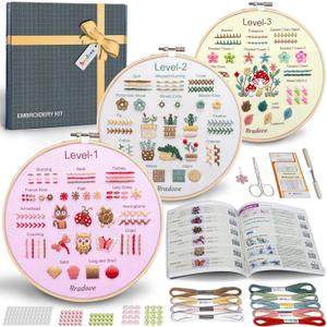 Bradove Beginner Embroidery Kit for Adults Kids, Learn to Embroider 37 Stitches and 13 Cute Patterns, Stitches Kit, Bead Embroidery Kit, Beginner Embroidery Practice