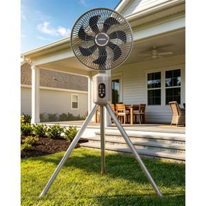 Outdoor Fans for Patios,Cordless Outdoor Fan with Light and Remote,Pedestal to Tabletop & Hanging,Battery Operated Rechargeable Fan,12" Oscillating Fan For Quiet,8 Speeds,Timer,Gazebo,Deck,Porch,Brown