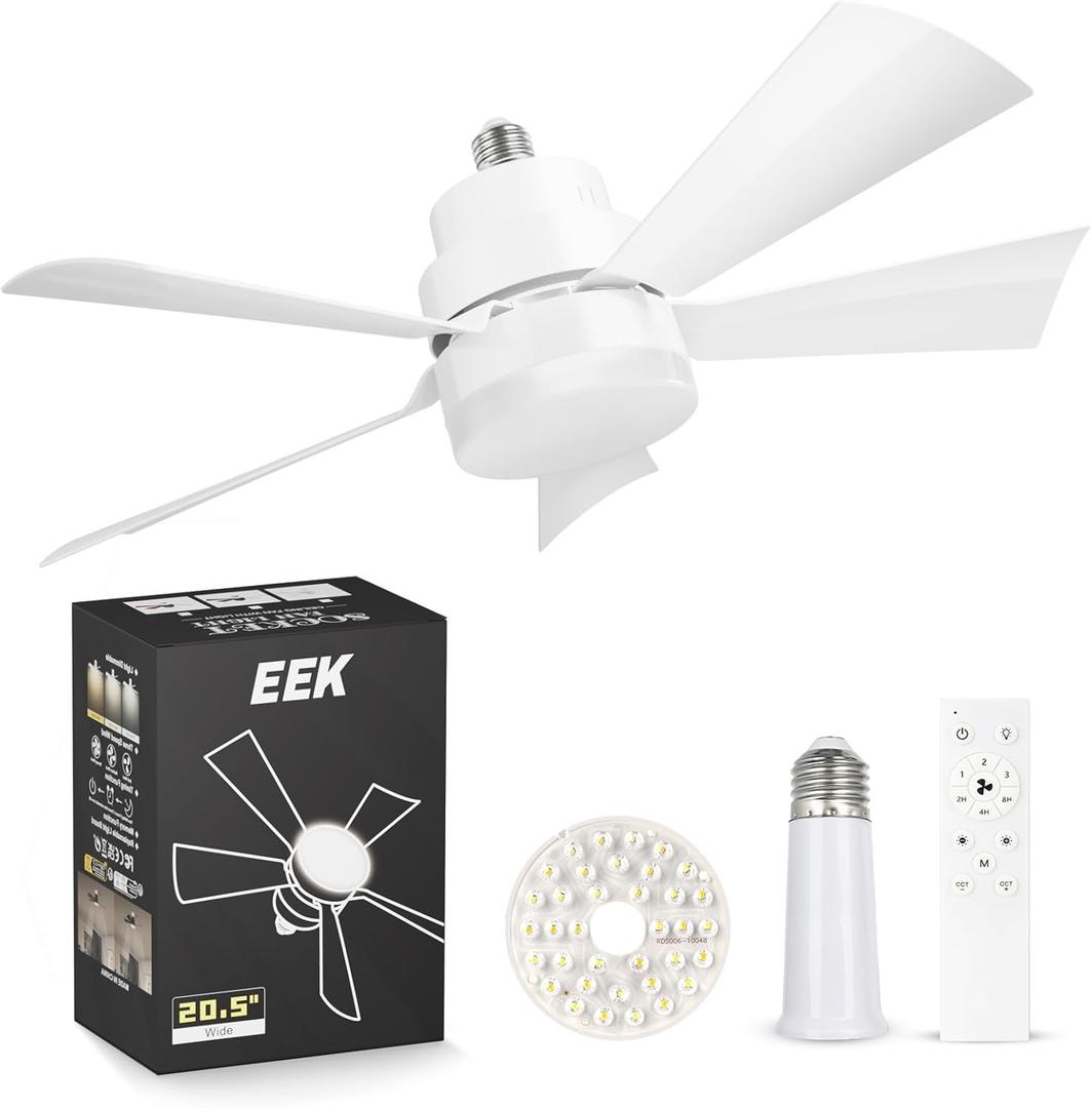EEK Socket Fan Light with Ultra Quiet Design, 20.5 Ceiling Fans with LED Lights and Remote,Screw in Fan Light for E26/E27,3Speeds 3Colors 3000-6500K,1200 (White)