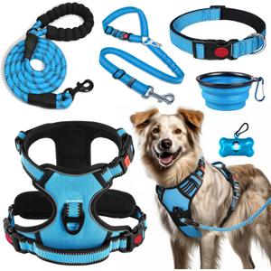 No Pull Dog Harness, Collar & Leash Set | Includes Dog Seat Belt, Collapsible Bowls & Poop Bag Dispenser. Ideal for Training, Walking, Hiking. Fits Small to Large Dogs(Blue-XL)