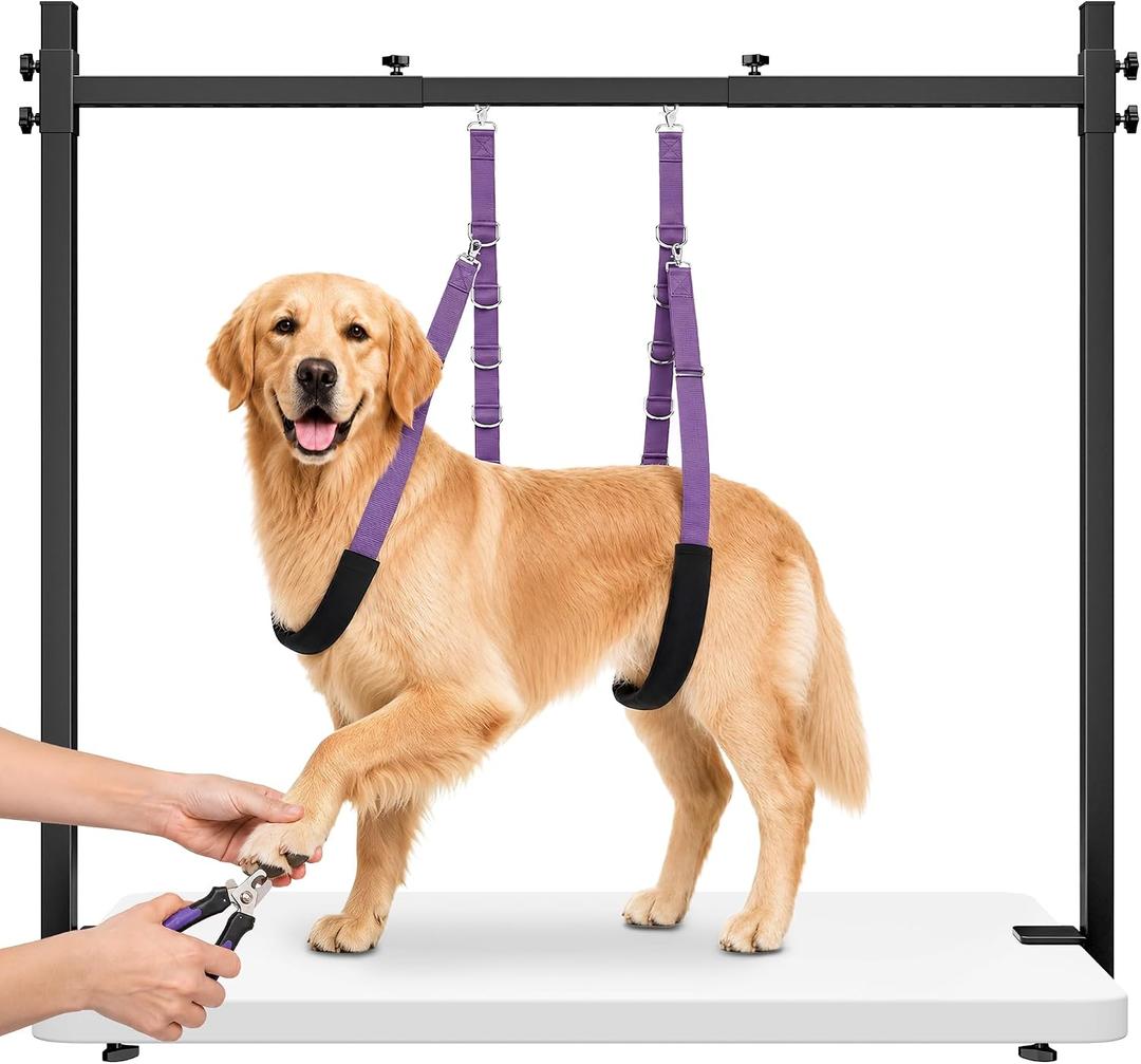 H-Shape Dog Grooming Arm for Table, 42" H, 26-50" W, with Grooming Loop Set | Heavy Duty, Adjustable Clamp-On Grooming Stand, with Grooming Loop and Belly Strap Set for Home Use, Nail Trimming & Drying