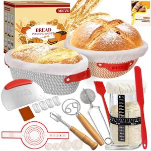 Sourdough Starter Kit, 9 Inch Round & 10 Inch Oval Banneton Bread Proofing Basket Set, 18 PCS Complete Sourdough Baking Supplies for Bread Making, Foldable Proofing Baskets,Gift for Bakers Women (Striped grey+Striped khaki)