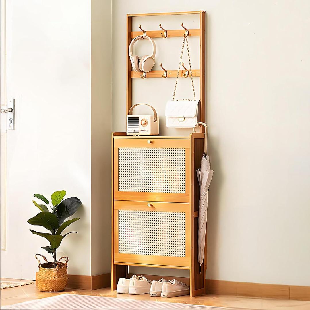 20" Narrow Shoe Cabinet with Coat Rack, 2-Tier Flip Drawer Wooden Shoe Organizer for Entryway, Hallway, Closet Natural, 6.7" Depth