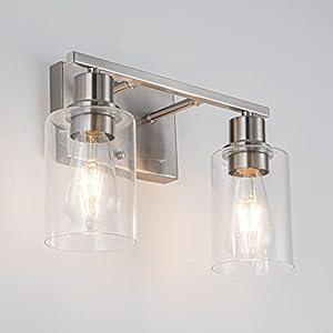 EMONG Brushed Nickel Bathroom Light Fixtures, 2-Light Vanity Light with Clear Glass Shade, Wall sconces for Hallway, Farmhouse, Bedroom Room, Kitchen