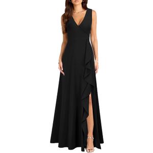 MUSHARE Women's V Neck Sexy Split Cocktail Dress with Pockets Ruffle Party Long Formal Dress, L
