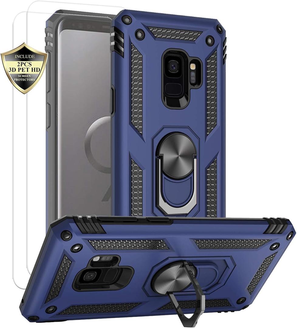 Androgate for Samsung Galaxy S9 Case with HD Screen Protectors, Military-Grade Metal Ring Holder Kickstand 15ft Drop Tested Shockproof Cover Case for Samsung Galaxy S9 (2018), Blue