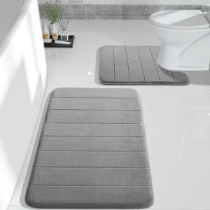 Yimobra Memory Foam Bath Mat Set, 2 Piece Soft Bath Rugs - 31.5x19.8 U-Shaped and 24x20.4 Thick Non-Slip Bath Mat, Dry Fast for Bathroom Floor Mats, Grey