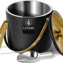 Bakpoco 4L Ice Bucket with Silicone Lid, Scoop, Gold Tongs & Strainer, Stainless Steel Double Wall Insulated Ice Buckets for Parties & Cocktail Bar Outdoor Champagne Ice Container Bin, Black