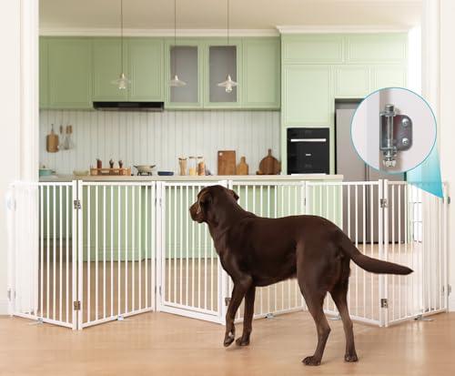 No Pawblems Free Standing Dog Gate with Door, 30'' Tall Foldable Dog Fence for Indoor & Outdoor, Up to 156 Inch Extra Wide Puppy Gate for Stairs, Hallways, Doorways, Deck, Yard (White, 6 Panels)