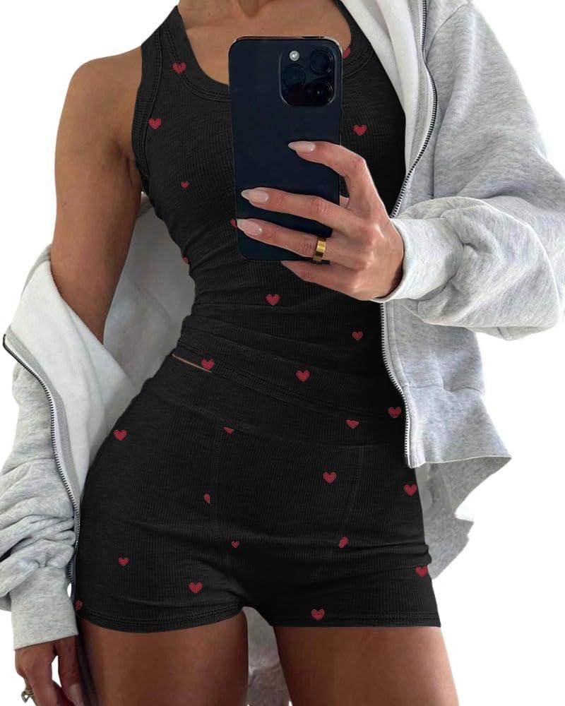 CHICME Womens Pajama Sets Casual Sleeveless Tank Top and Shorts Ribbed Knit 2 Piece Lounge Set (Large, X-heart Black)