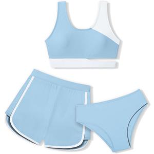 NECIOUS Girls Swimsuit Bikini Set, 3 Piece Girl Bathing Suits Color Block Cutout Swimwear with Shorts Size 7-16 (15-16 Years, Light Blue)