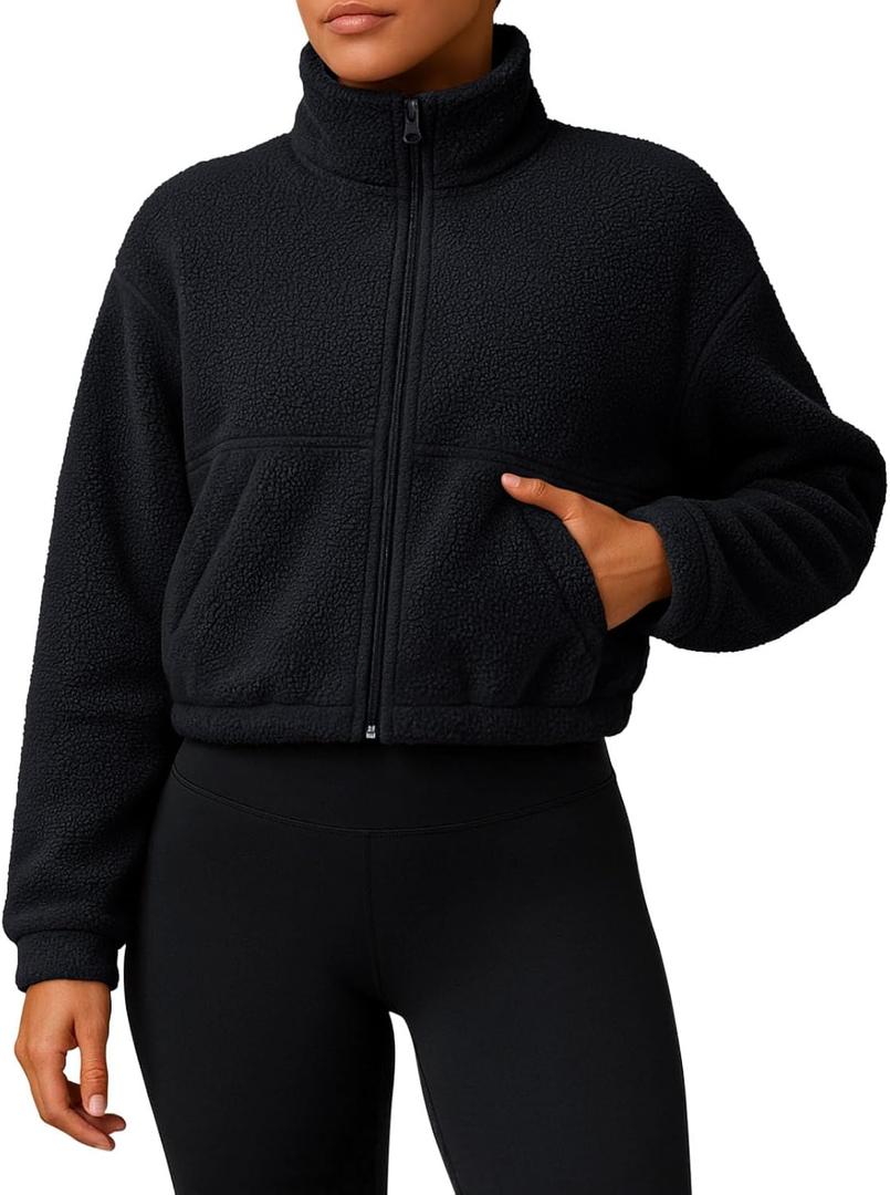 PINKMSTYLE Women Zip Up Fleece Sherpa Jacket Coat - Winter Warm Trendy Cropped Sweatshirt for Casual,Workout (Medium, Black)