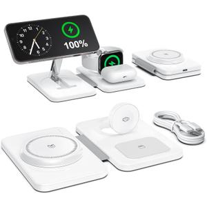 3 in 1 Magnetic Wireless Charger for Apple Multiple Devices, Foldable Fast Charging Station - Magsafe Charger Stand, Travel Charger Pad for iPhone 17 16 15 14 13 12 Series/Apple Watch/AirPods Pro