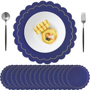 50pcs Navy Blue Disposable Paper Placemats – Scalloped Round Table Place Mats for Wedding, Party, Baby Shower, Banquet, Home Dining Table Decor