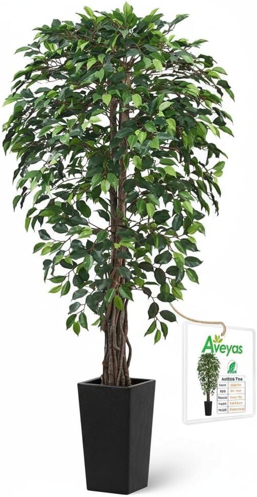 Aveyas 6ft Artificial Ficus Tree for Home Decor with Black Pot, 6 Feet Faux Plant Fake Silk Trees for Indoor Outdoor House Living Room Office Garden (6 ft Tall Including Raised Pot)