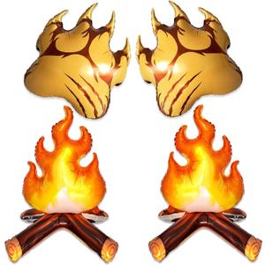 Woodland Party Foil Balloons Set, Bear Paw and Fake Campfire Design, Orange and Gold, 2 Pack for Funny Camping Theme Safari/Rustic Adventure/BBQ Party Decorations