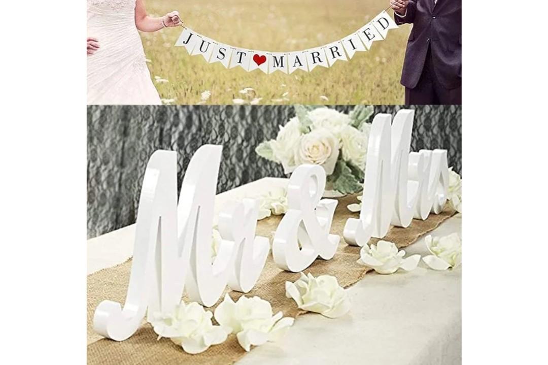 VIOPVERY Mr and Mrs Sign for Wedding Table,Large White Mr and Mrs Sign,Wooden Letters,Mr & Miss Sign with Just Married Banner Wedding Decorations for Anniversary